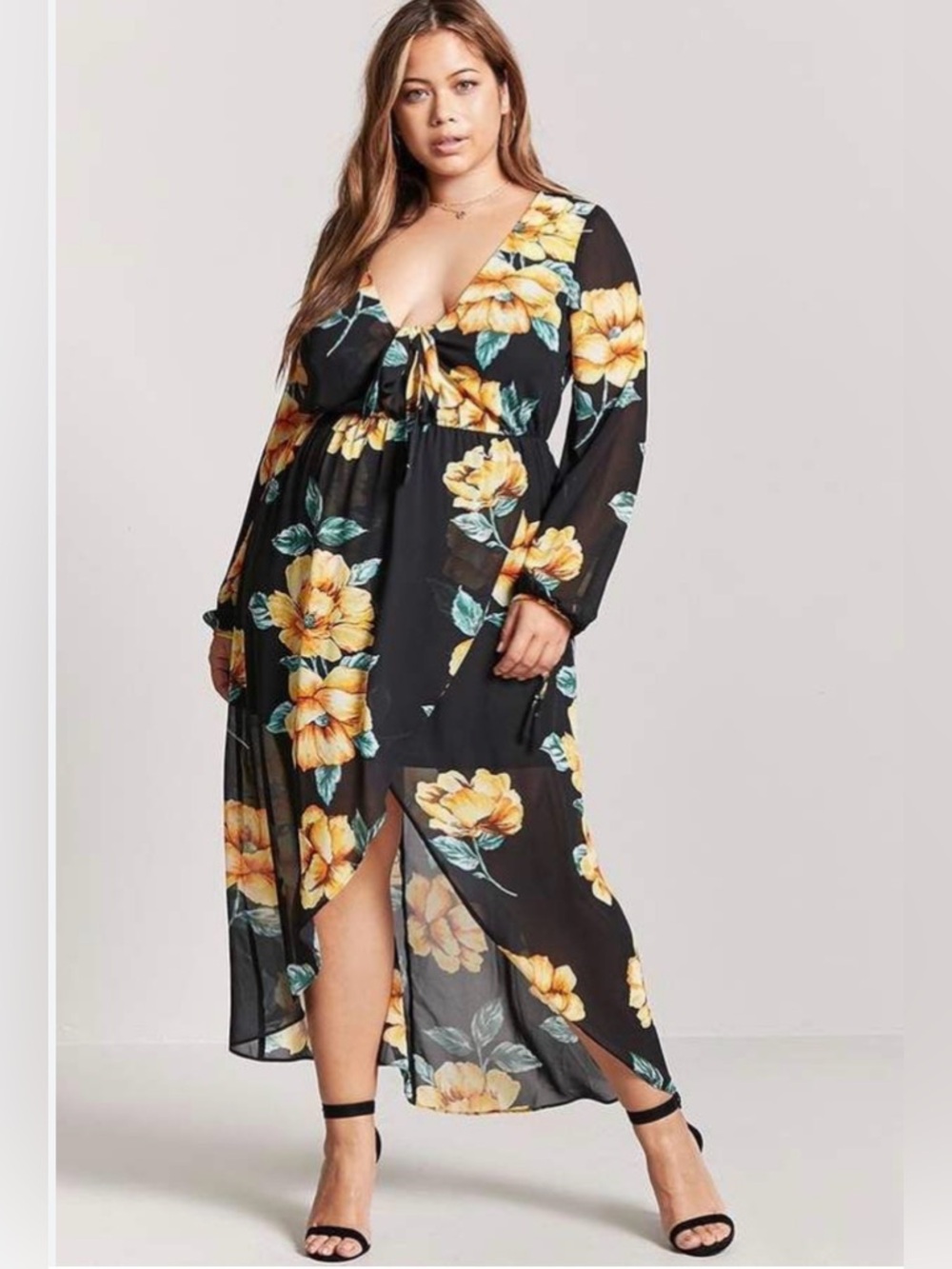 Forever 21 Chiffon Black Maxi Dress Yellow Floral Print V-Neck Front Tie Size:0X